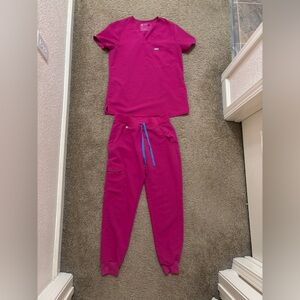 Figs Hot Pink Scrub Top and Jogger Pants with Blue Drawstring
